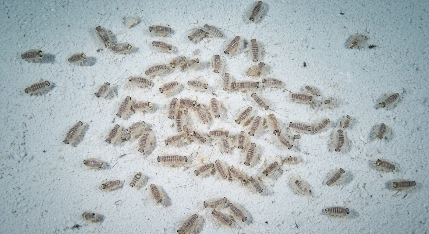 Overhead view of deep-sea amphipods on ocean sediment