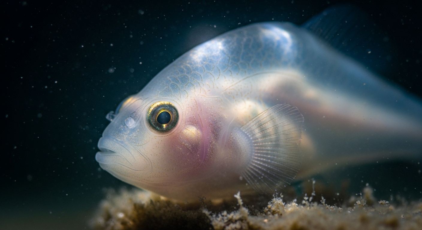 Translucent snailfish close-up in deep ocean darkness