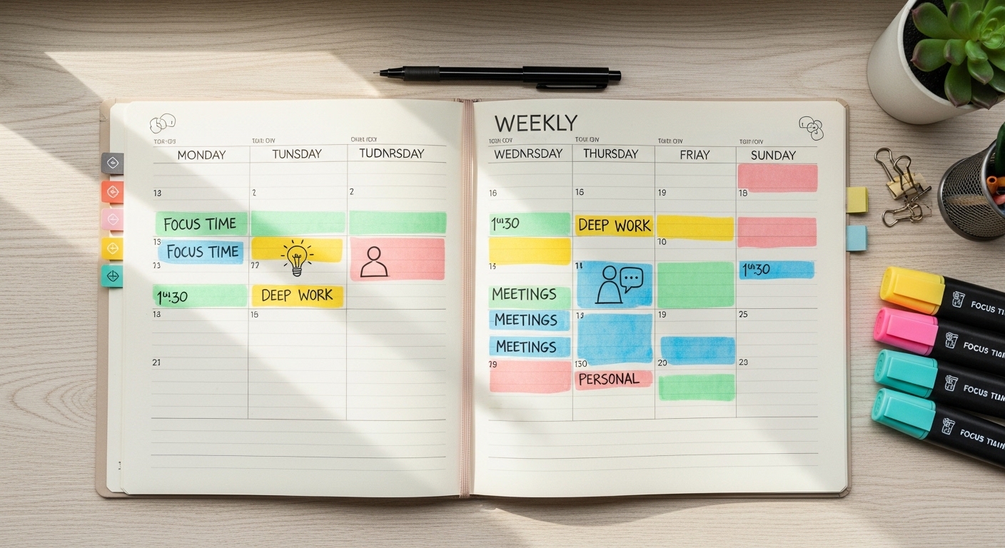 Planning hebdomadaire avec blocs de concentration colorés