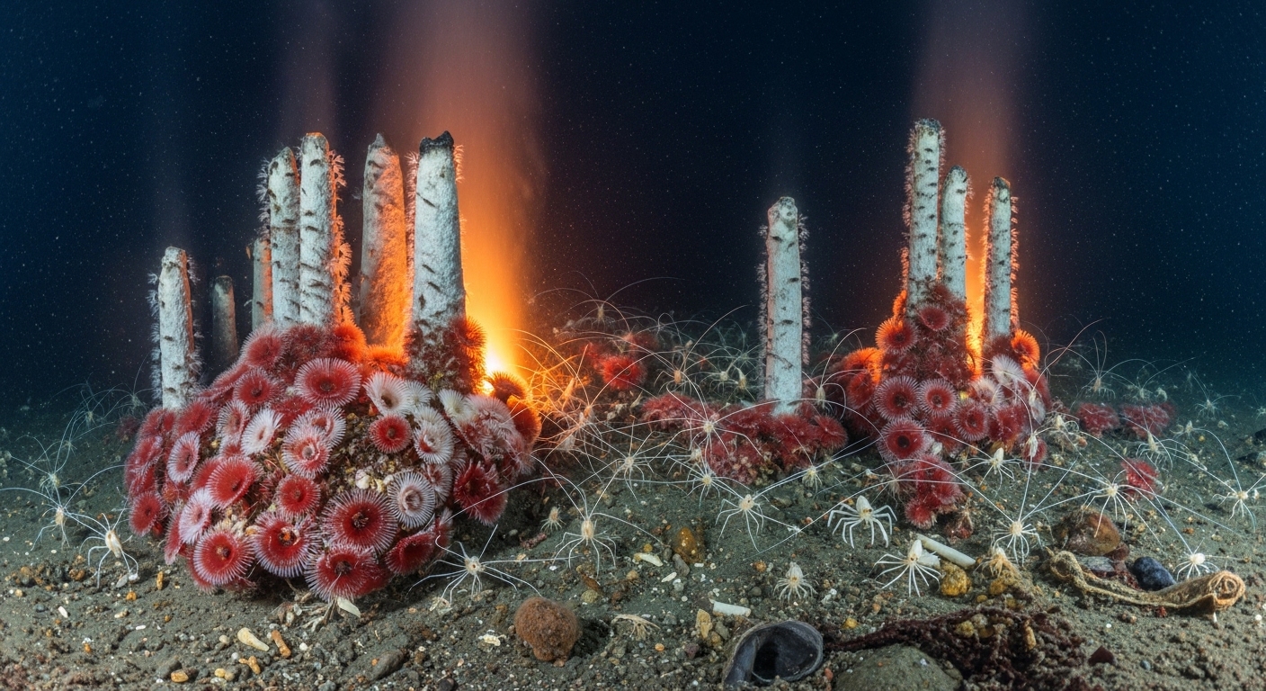 Hydrothermal vent surrounded by tube worms on ocean floor