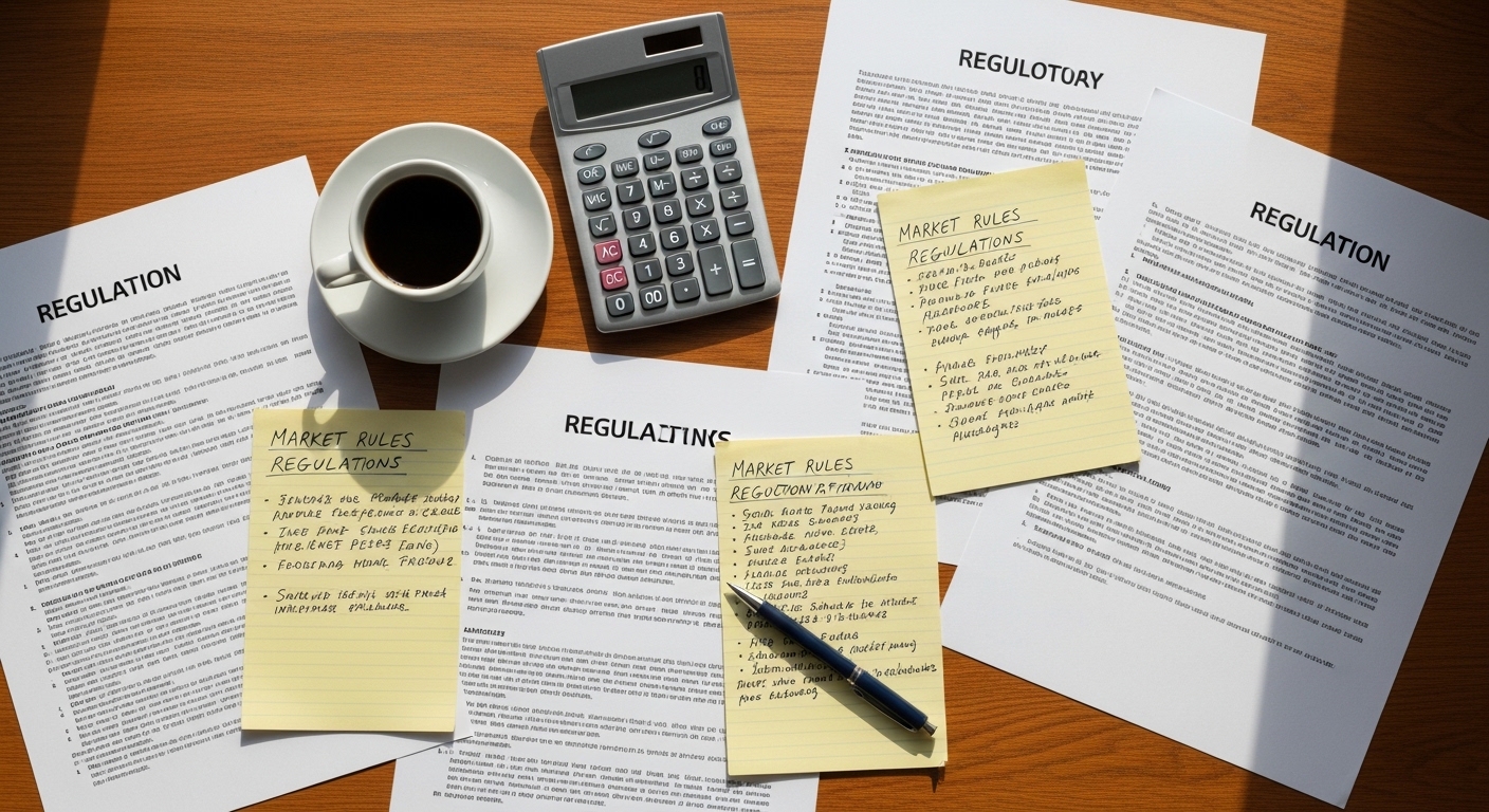 Regulatory documents and notes on desk overhead view