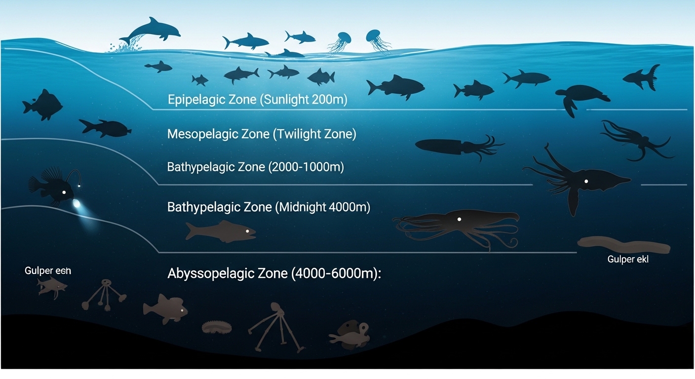 Diagram of ocean depth zones from surface to hadal trench