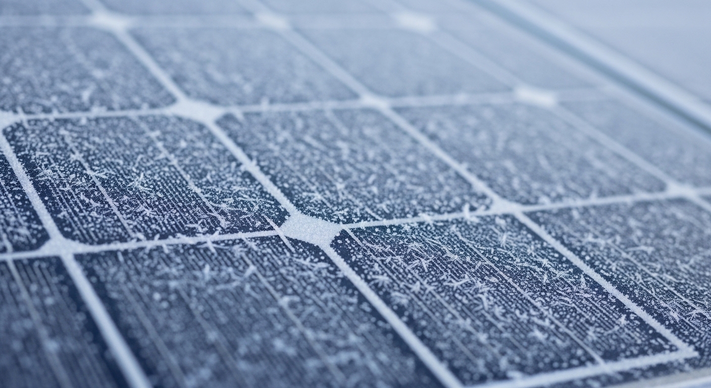 Frostbedecktes Solarpanel ohne Sonneneinstrahlung