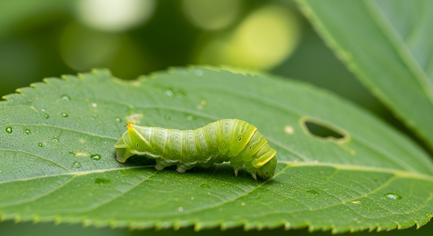 葉の上の毛虫と植物の防御反応のイメージ