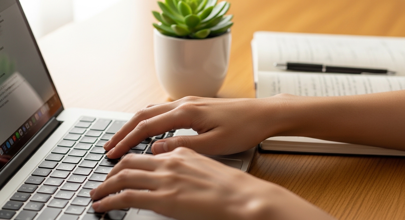 Hands typing on laptop at home desk