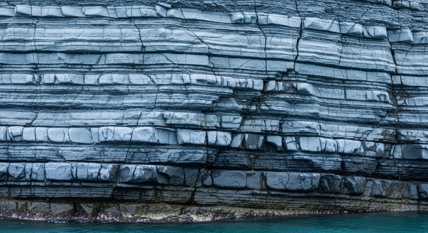 Layered rock strata showing erosion cracks at sea level
