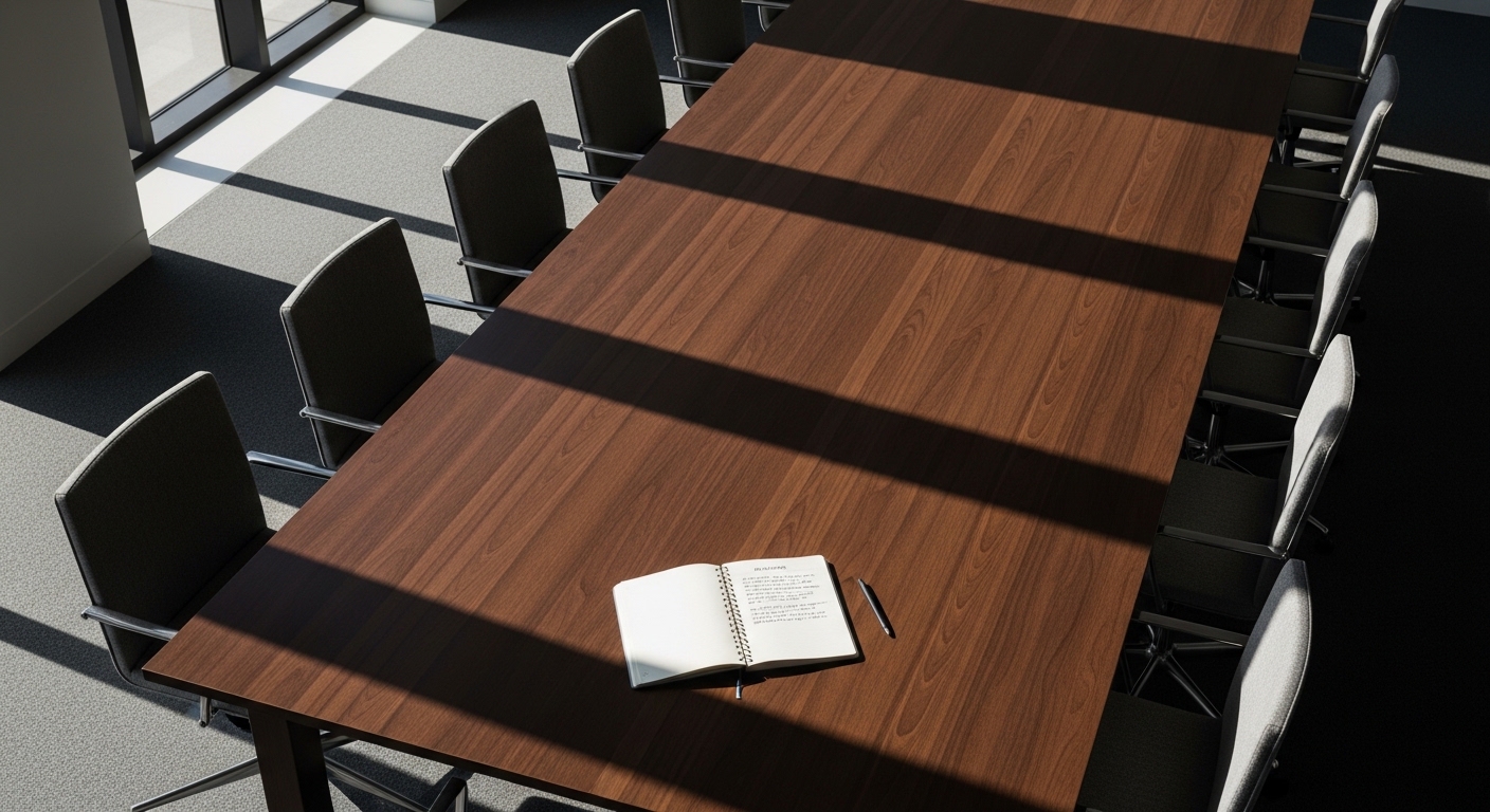 Empty boardroom table with notebook symbolizing strategic reflection