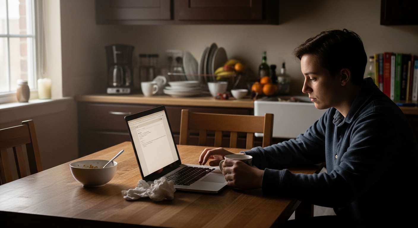 Person working alone at kitchen table, dim light