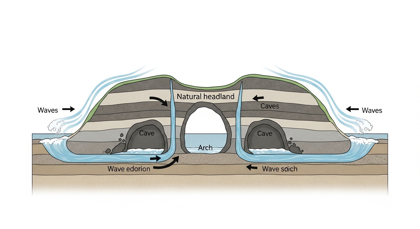 Cross-section diagram showing sea arch formation stages