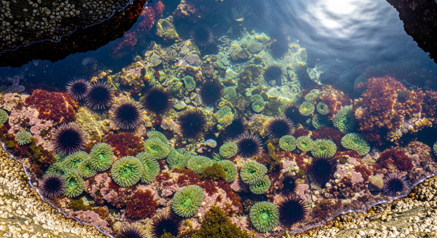 Overhead view of rock pool with sea urchins and marine life