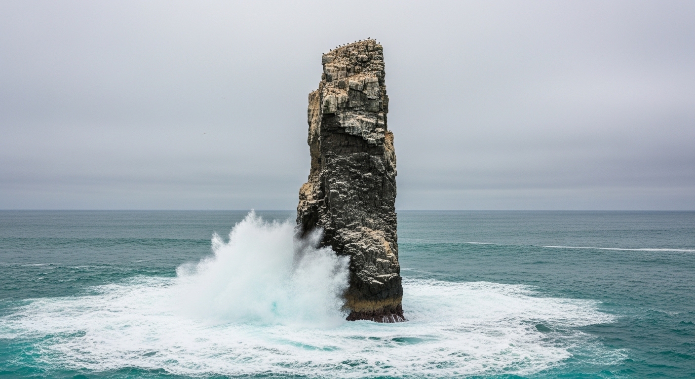 Isolated sea stack surrounded by ocean waves and seabirds