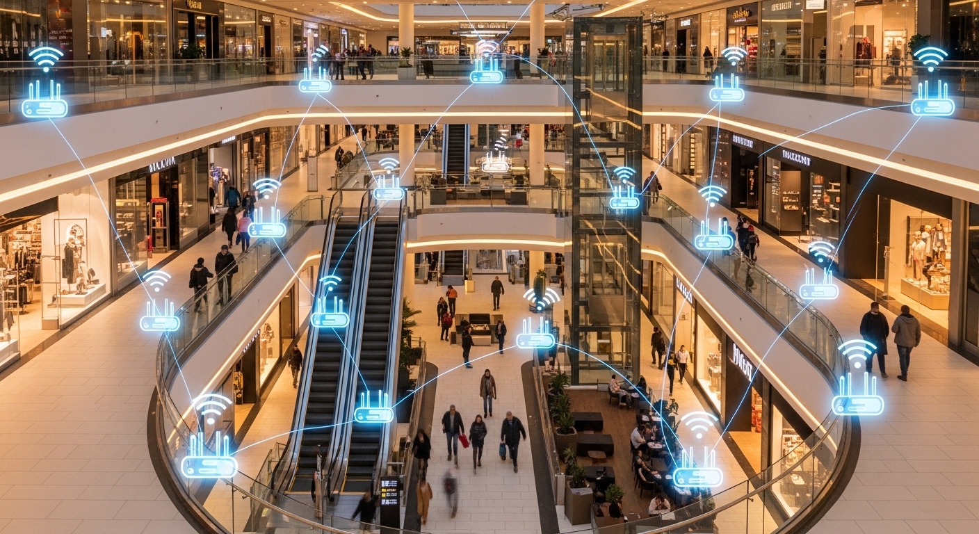 Shopping mall interior with WiFi location nodes overlay