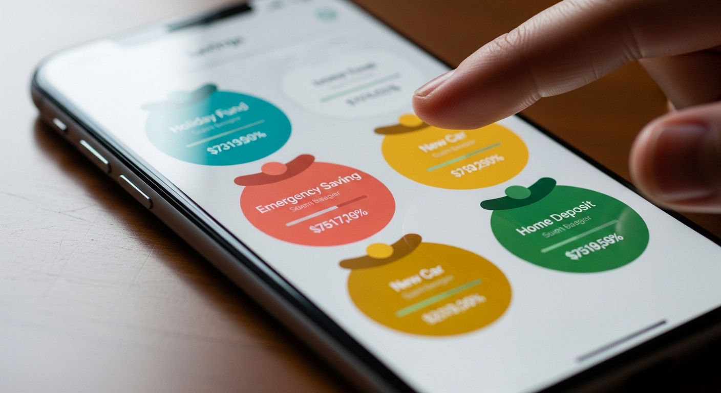 Smartphone banking app with labeled savings accounts