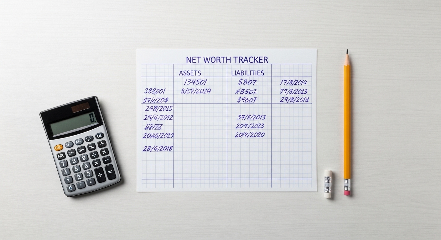 Handwritten net worth tracker on graph paper