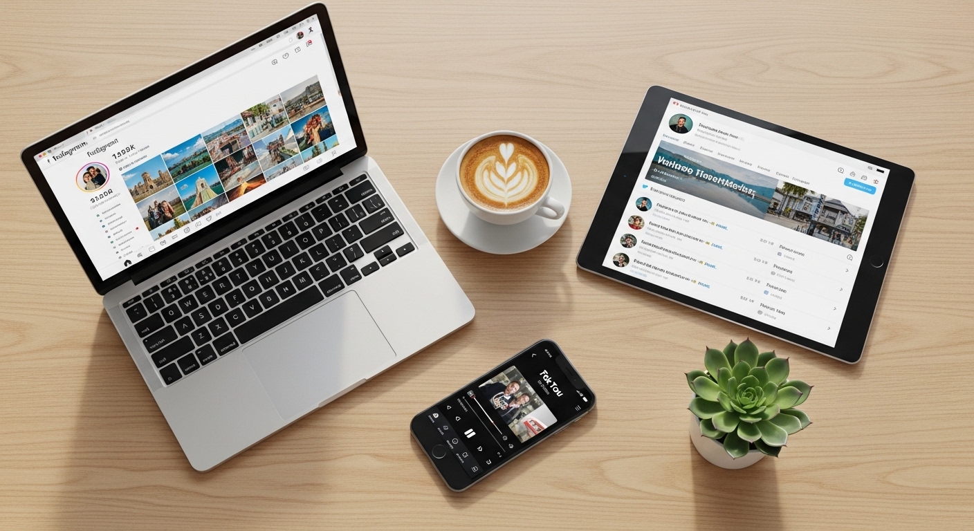 Multiple devices showing social media profile pages