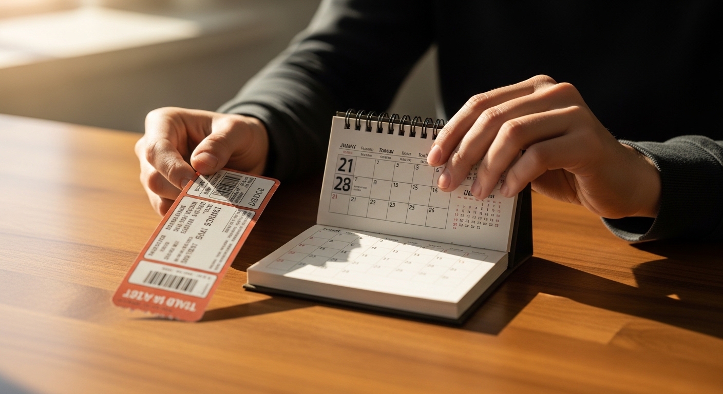 Hands holding event ticket and calendar on desk