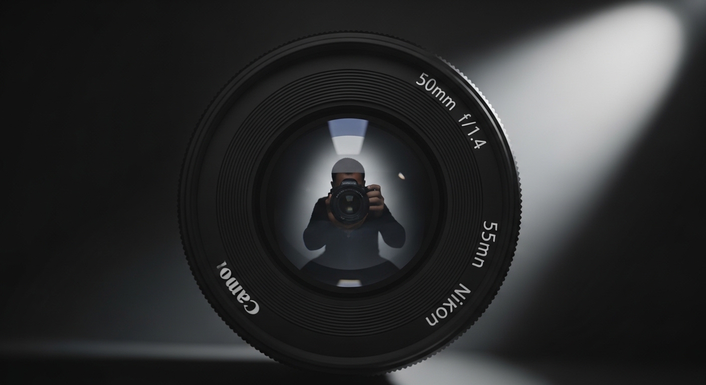Camera lens reflecting blurred human silhouette
