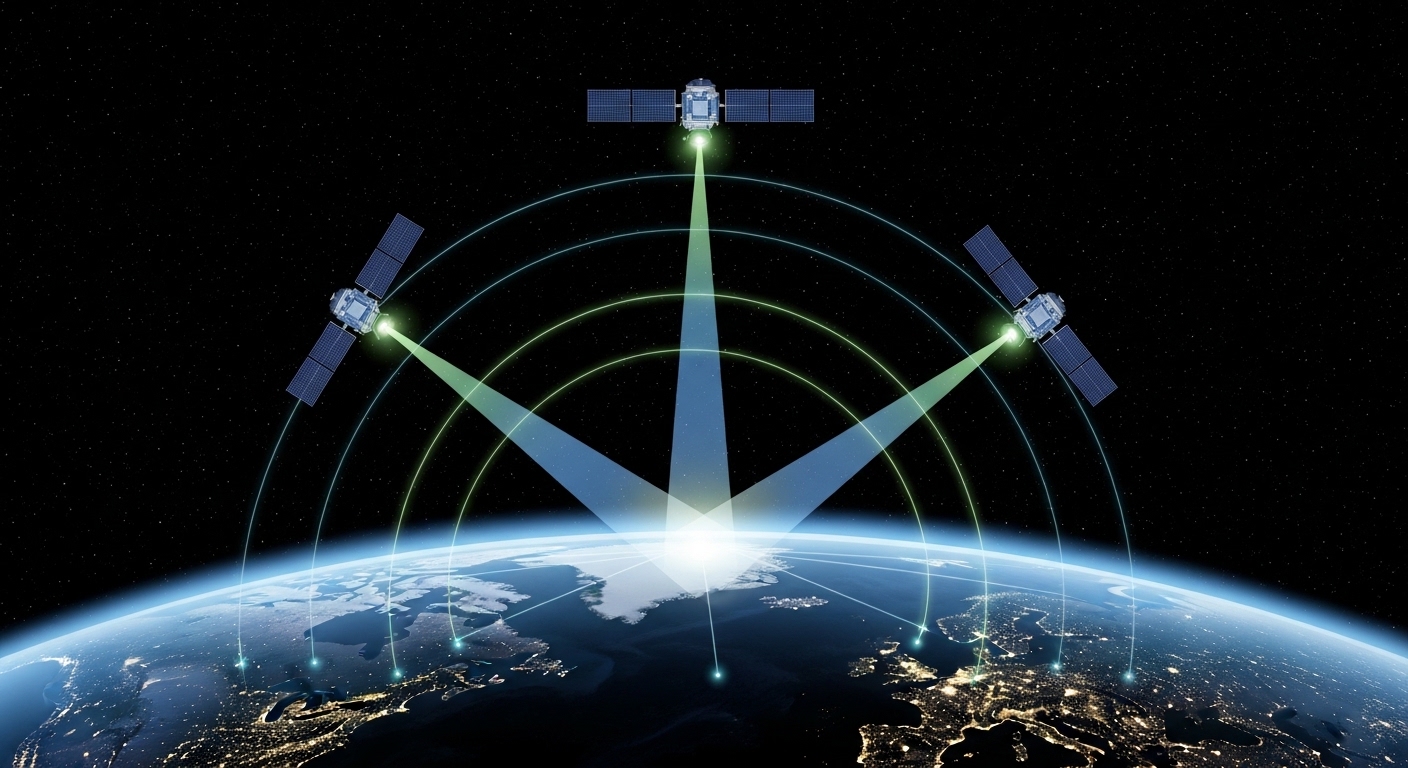 Diagram showing GPS satellite trilateration to ground point