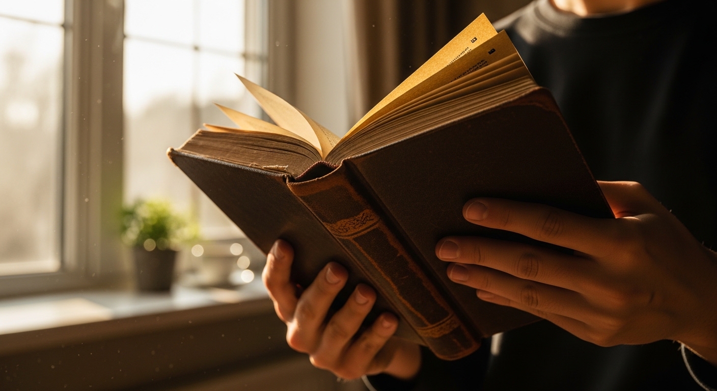 Mains tenant un vieux livre ouvert près d'une fenêtre