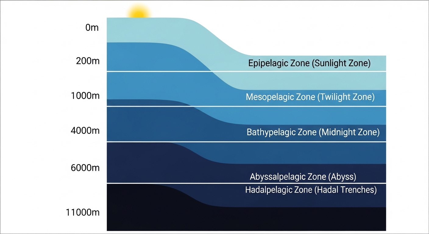 Diagrama de las zonas del océano profundo por profundidad