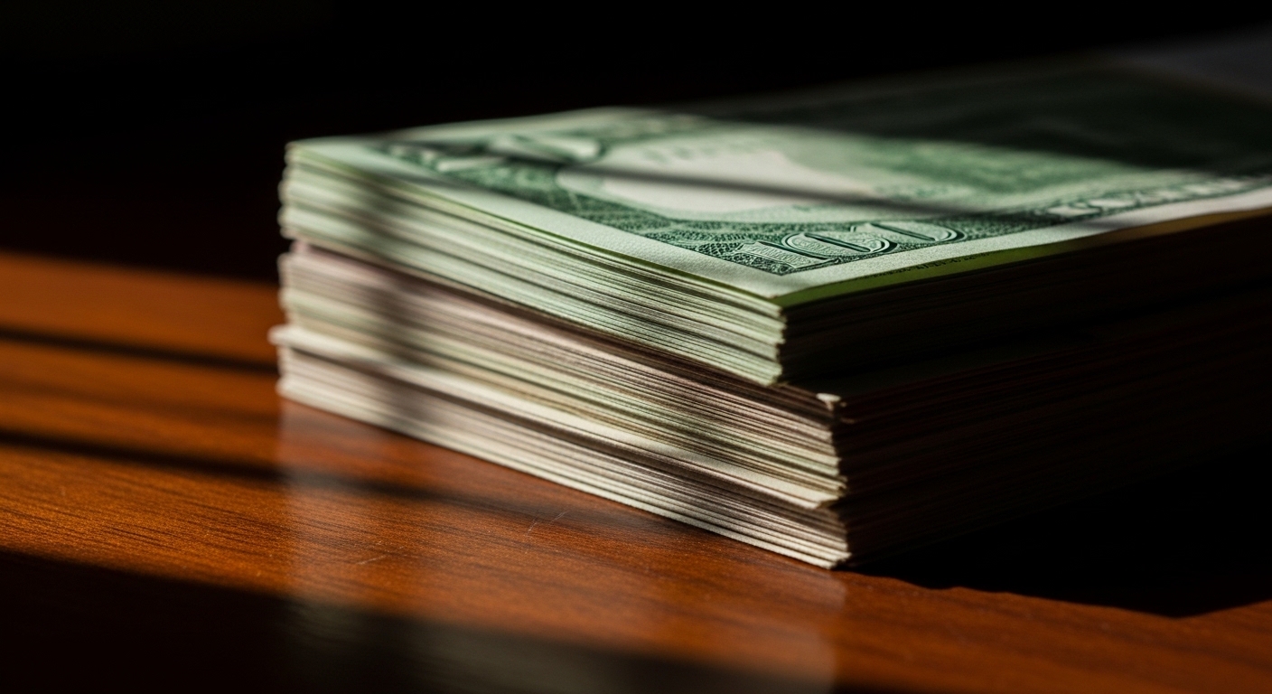 Stack of paper currency bills with dramatic lighting