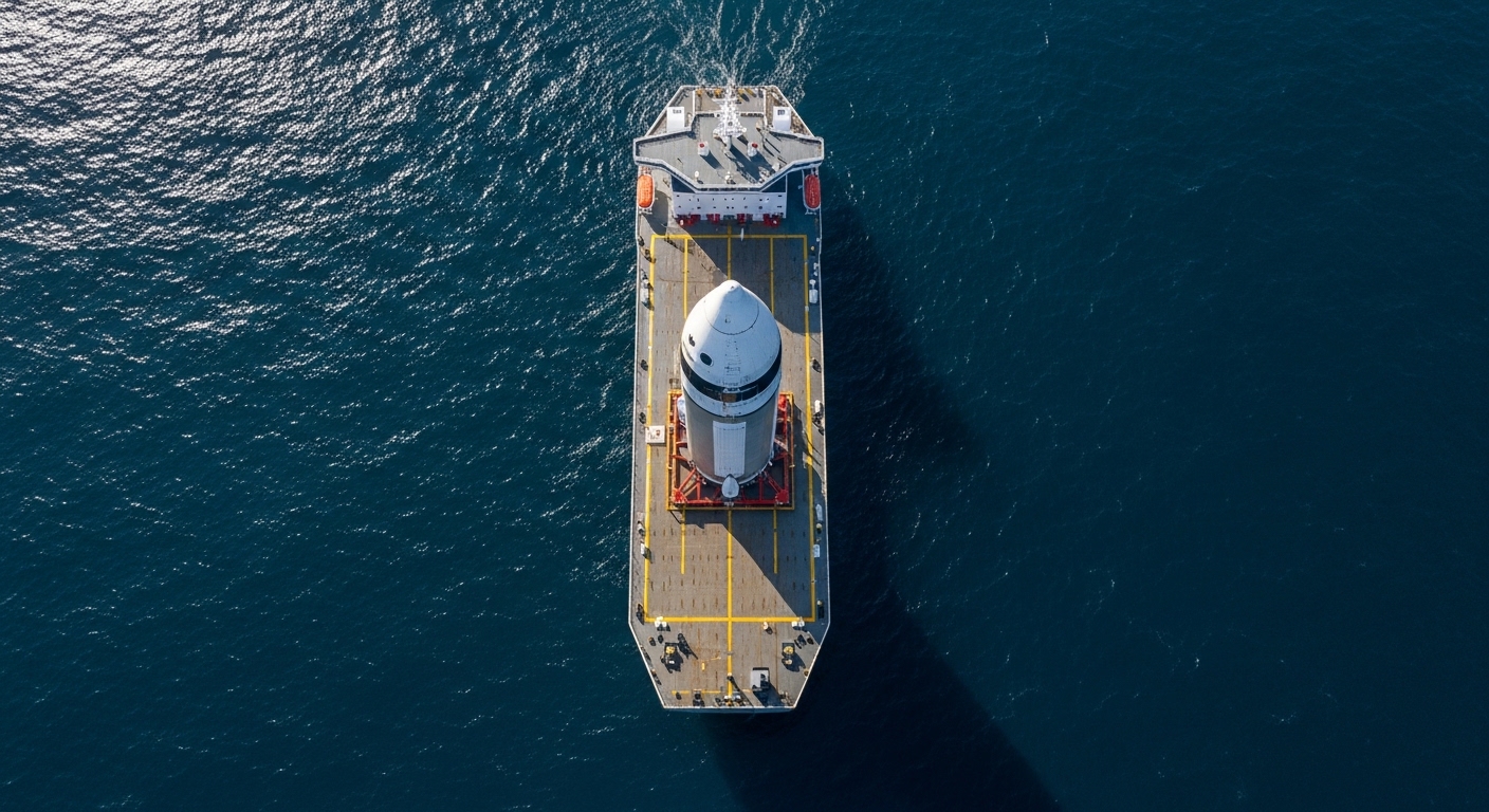 Overhead view of rocket booster on drone ship at sea
