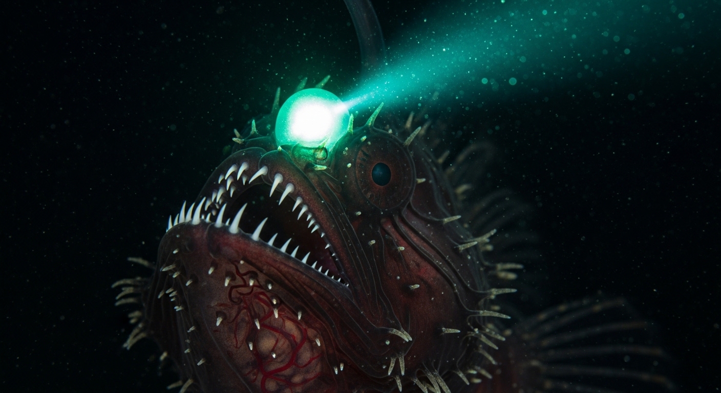 Pez pescador de profundidades con anzuelo bioluminiscente