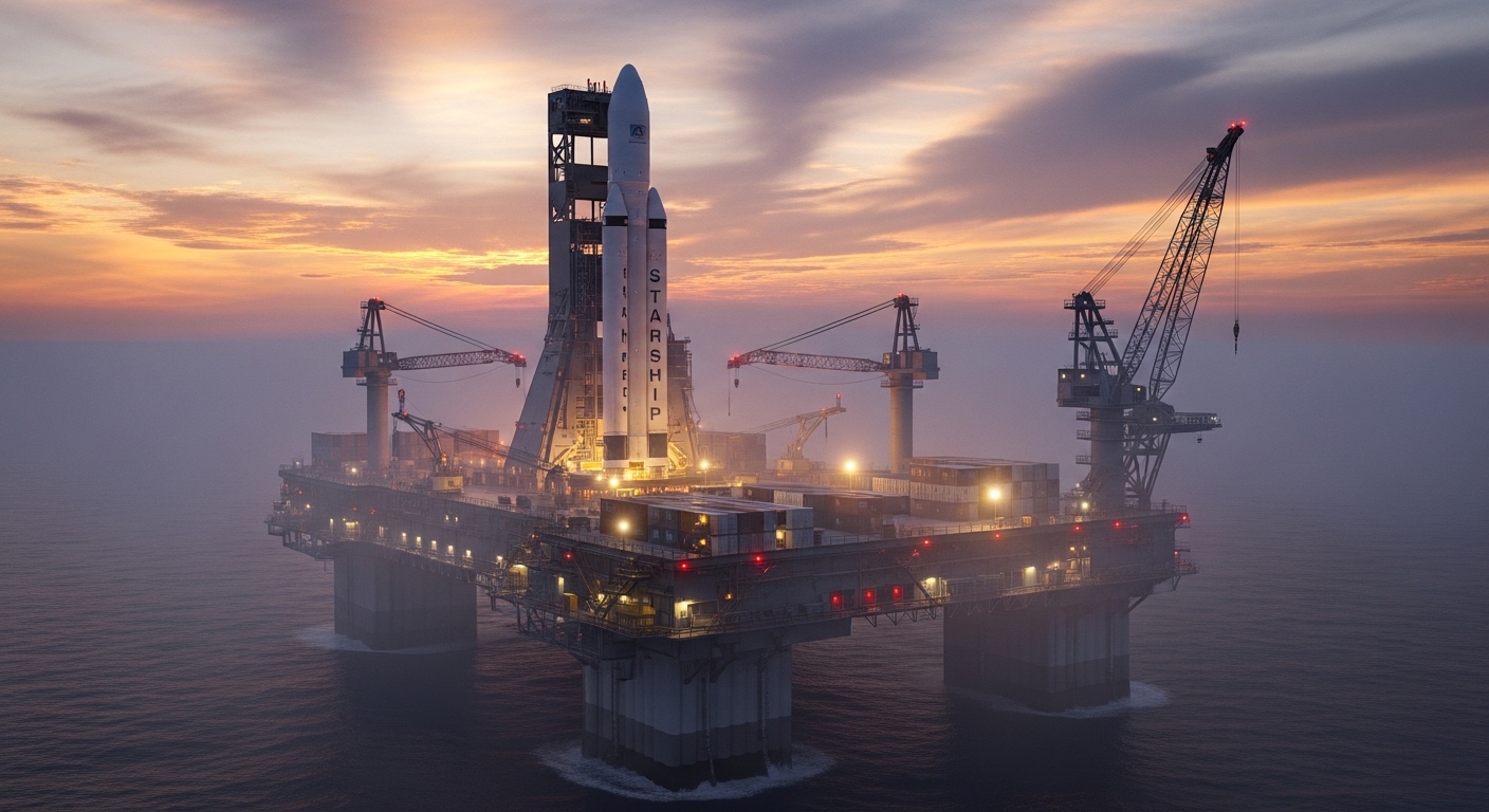 Rocket booster landing on ocean drone ship at dusk