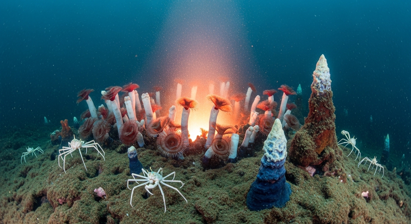 Fuente hidrotermal en el fondo oceánico con gusanos tubícolas