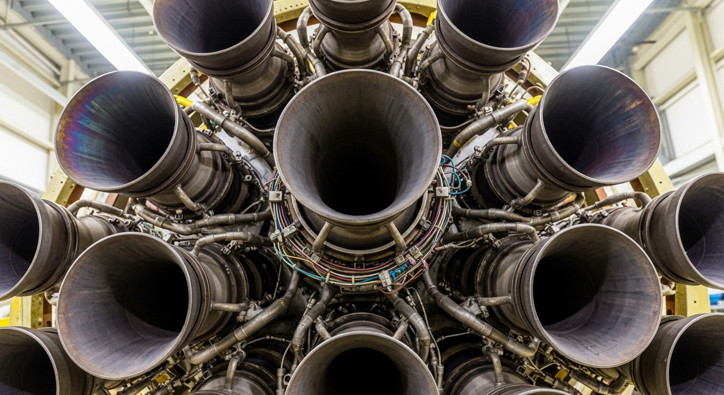 Close-up of reused rocket engine cluster with heat marks