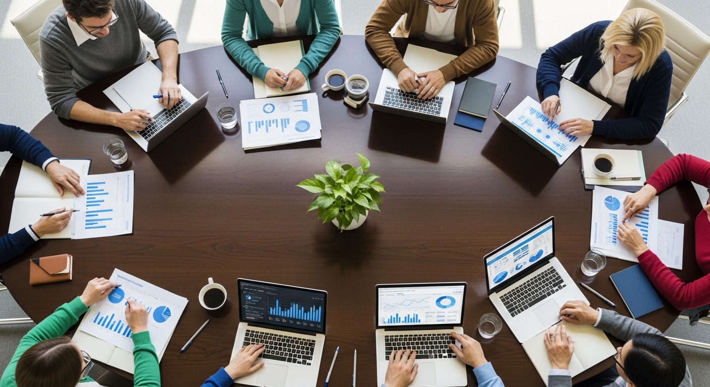 Konferenztisch mit Fachleuten und KI-Analysen