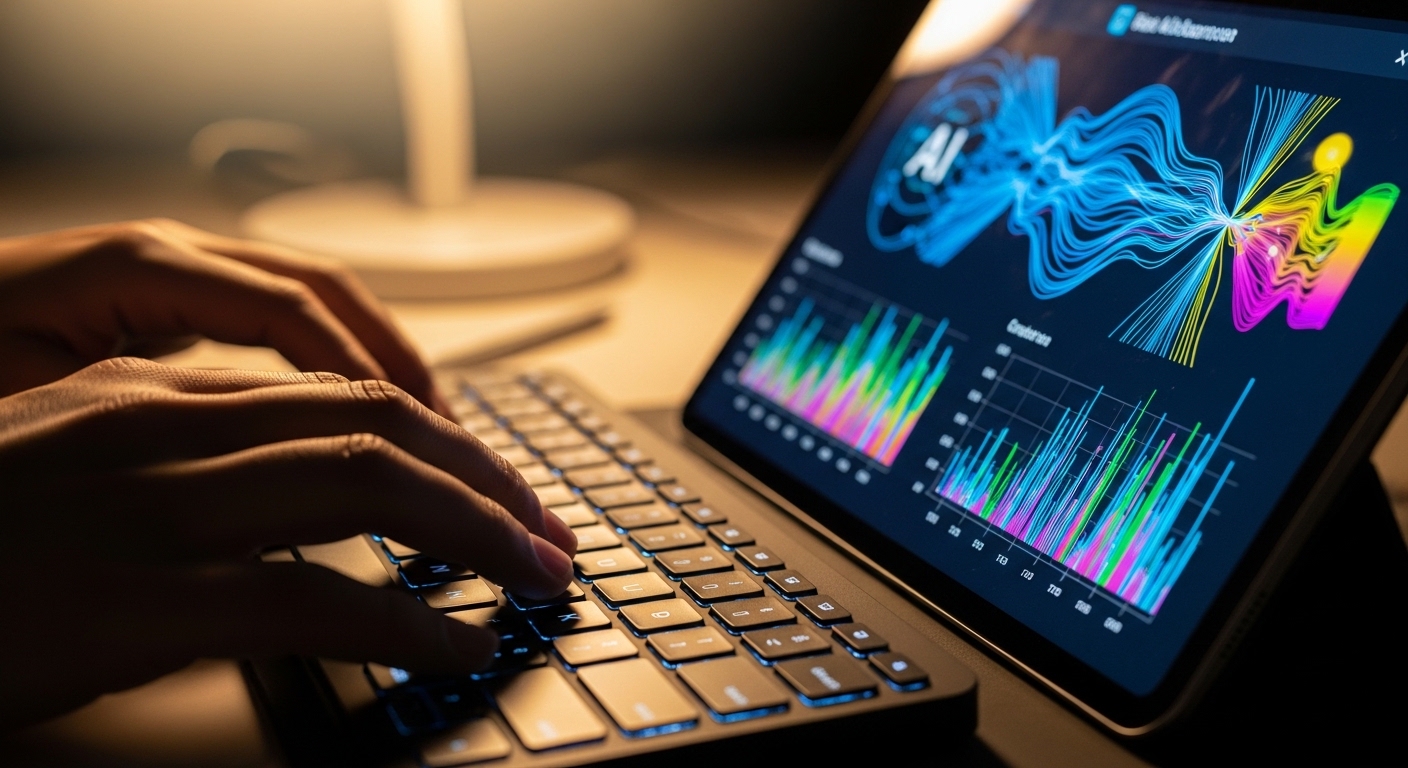 Hände tippen neben KI-Datenvisualisierung auf Tablet