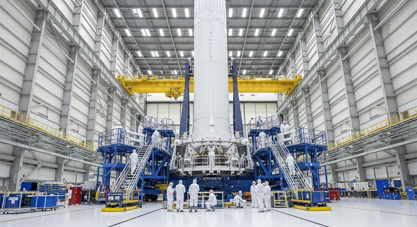 Technicians inspecting reusable rocket booster in hangar