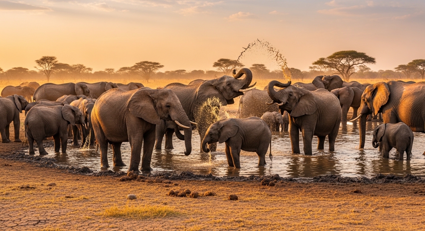 Troupeau d'éléphants au point d'eau utilisant leurs trompes