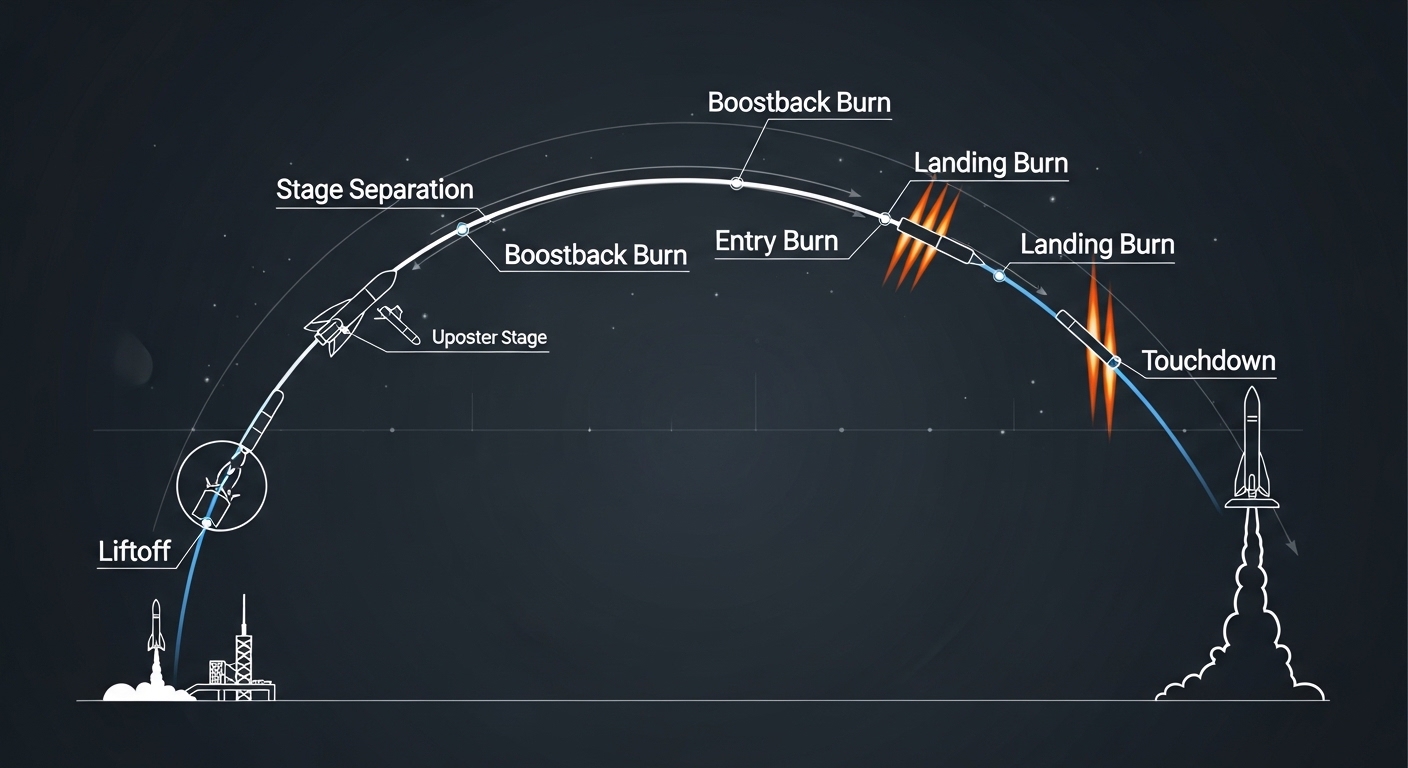 Diagram of rocket booster reuse flight phases