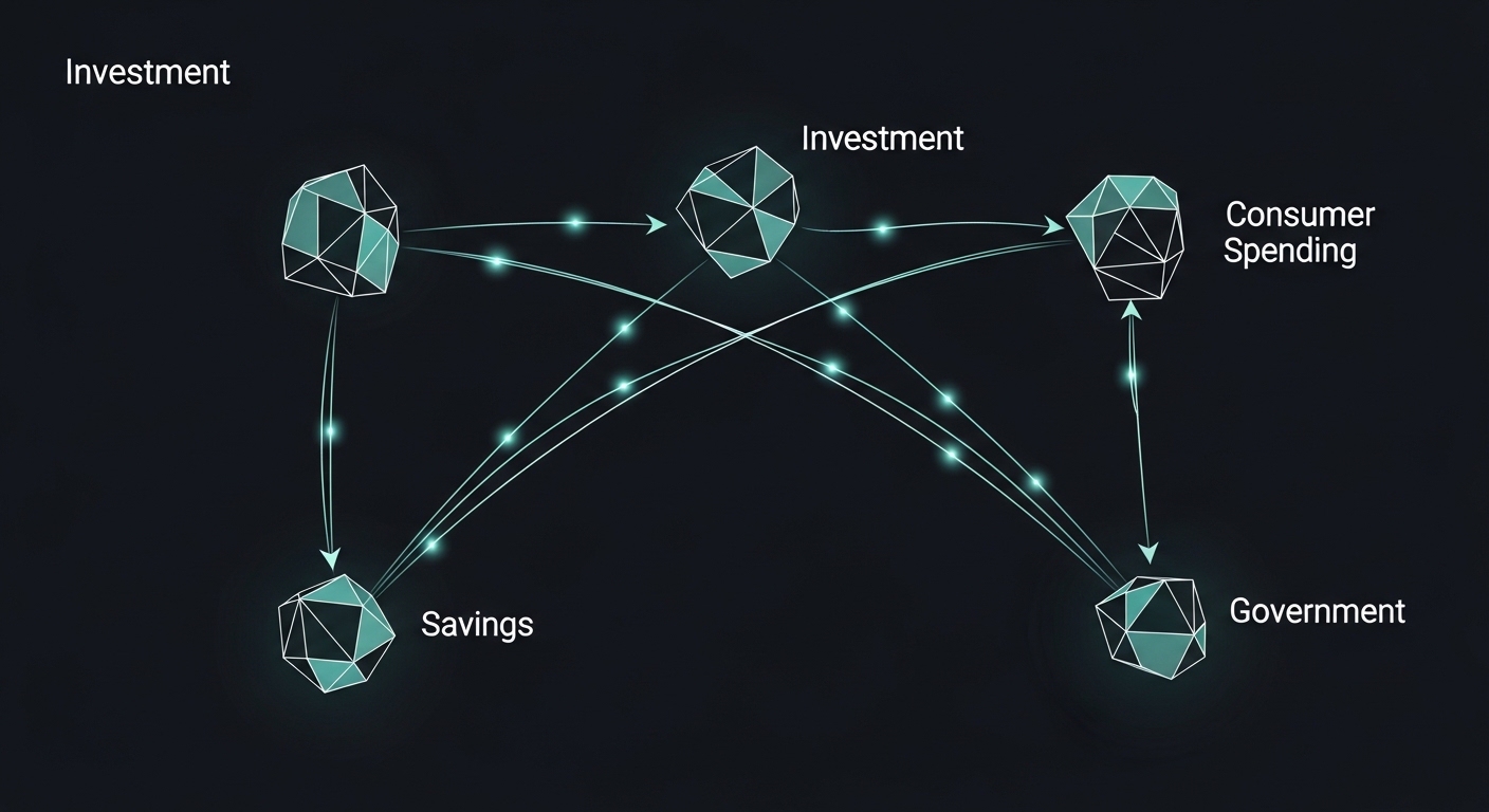 Abstract diagram of money flowing through financial nodes