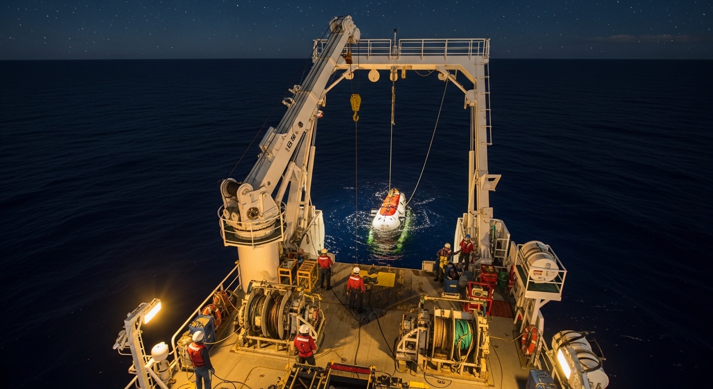 Barco de investigación oceanográfica bajando un sumergible
