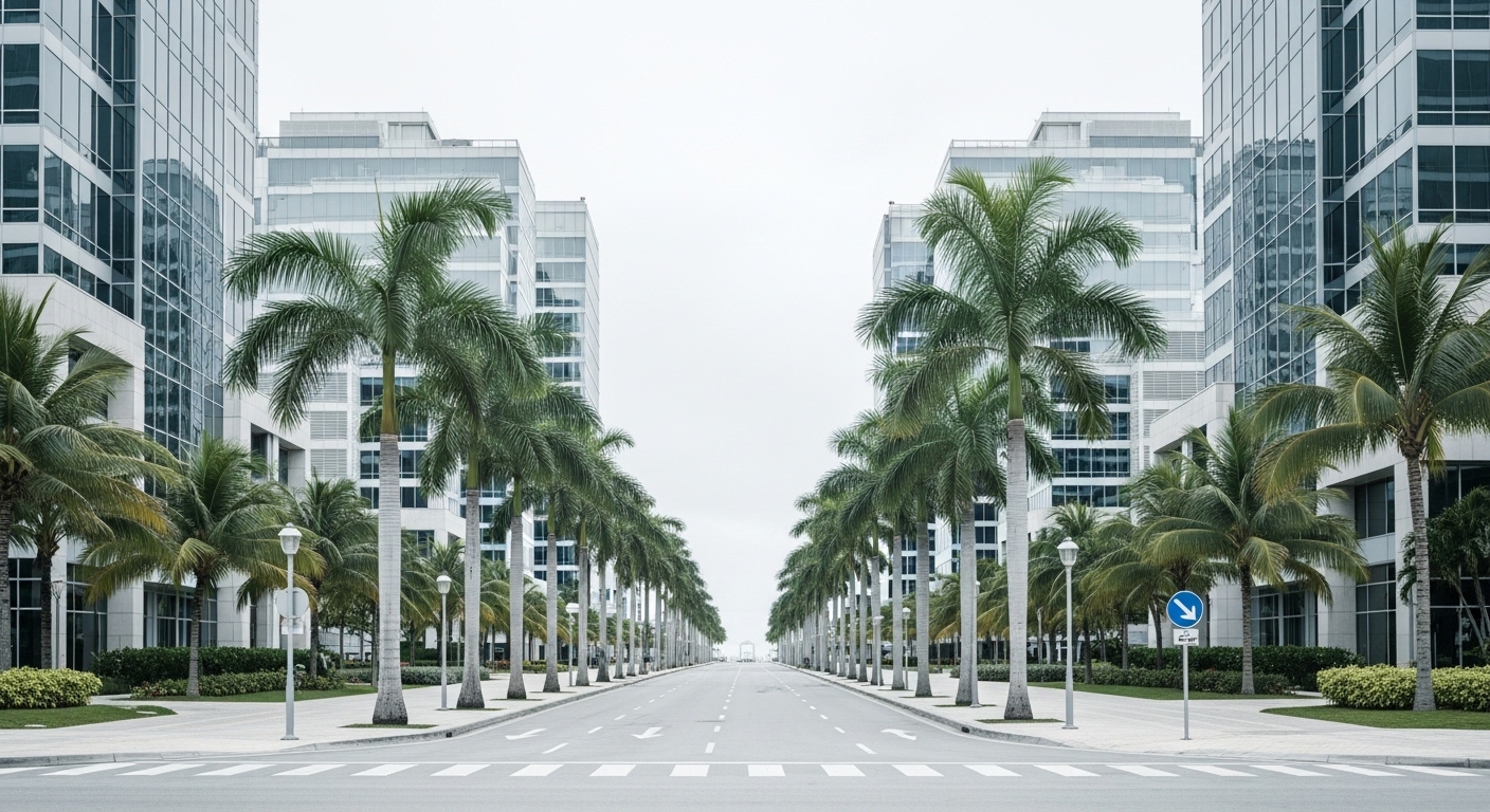 Tropical offshore financial district with modern buildings
