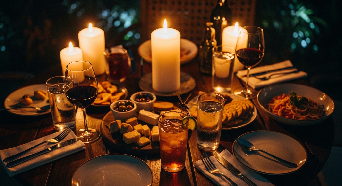 Mesa ao ar livre à noite com mosquito visível próximo a copo
