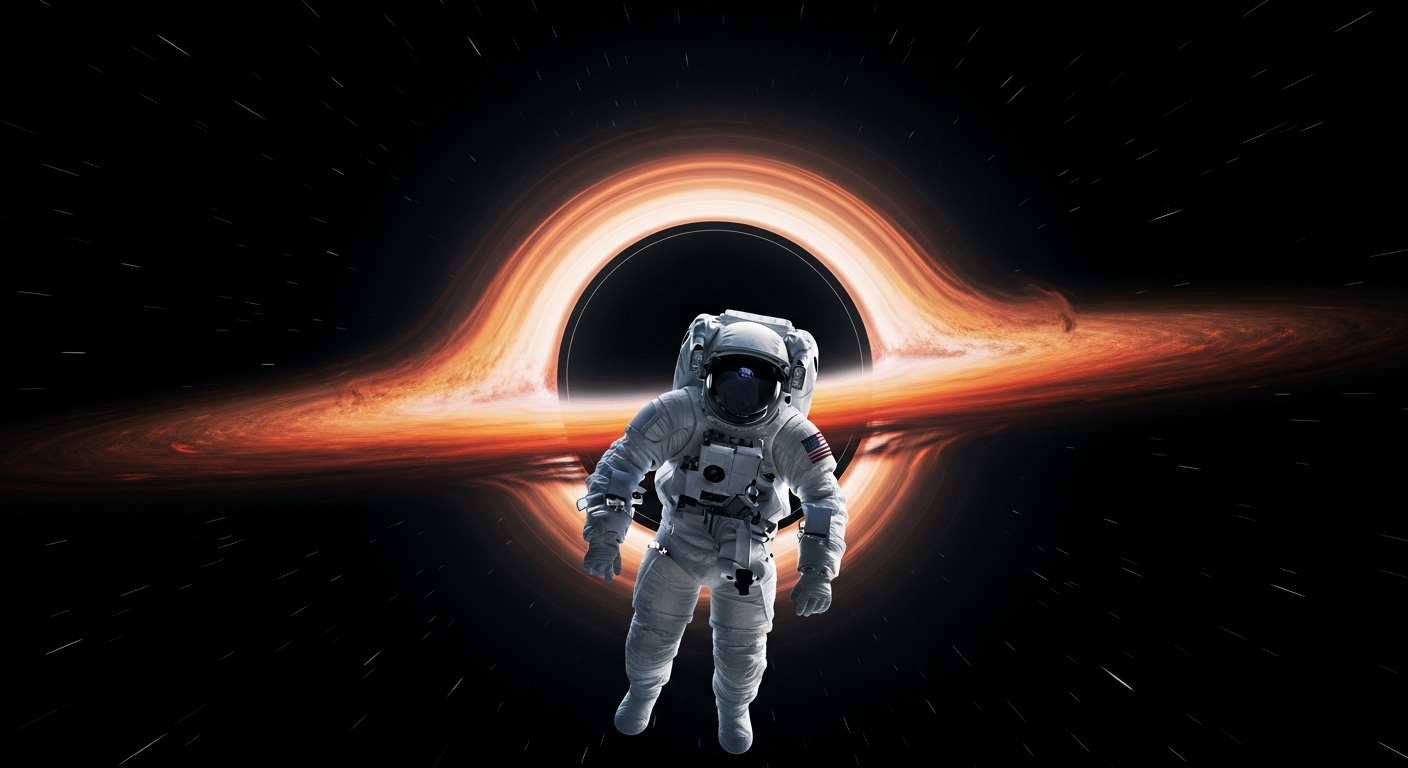 Astronauta flotando cerca de un agujero negro en el espacio
