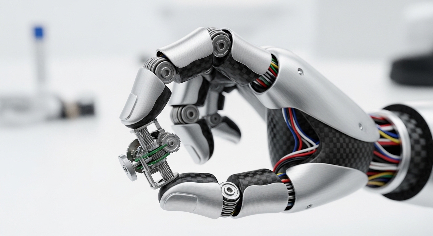 Humanoid robot hand gripping small industrial component