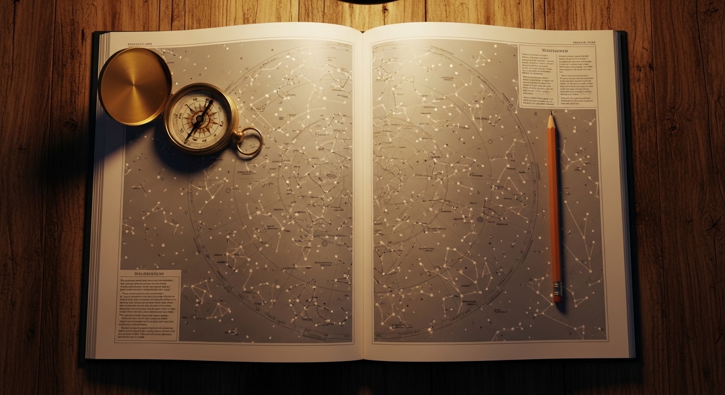 Astronomy star chart and field guide on wooden table