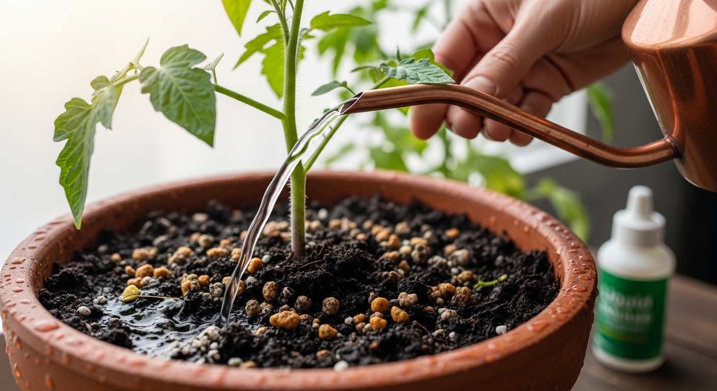 Watering a container tomato plant at the base with a copper watering can