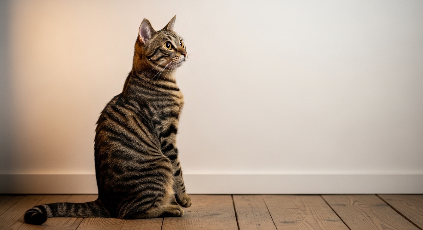 tabby cat staring intently at a blank white wall