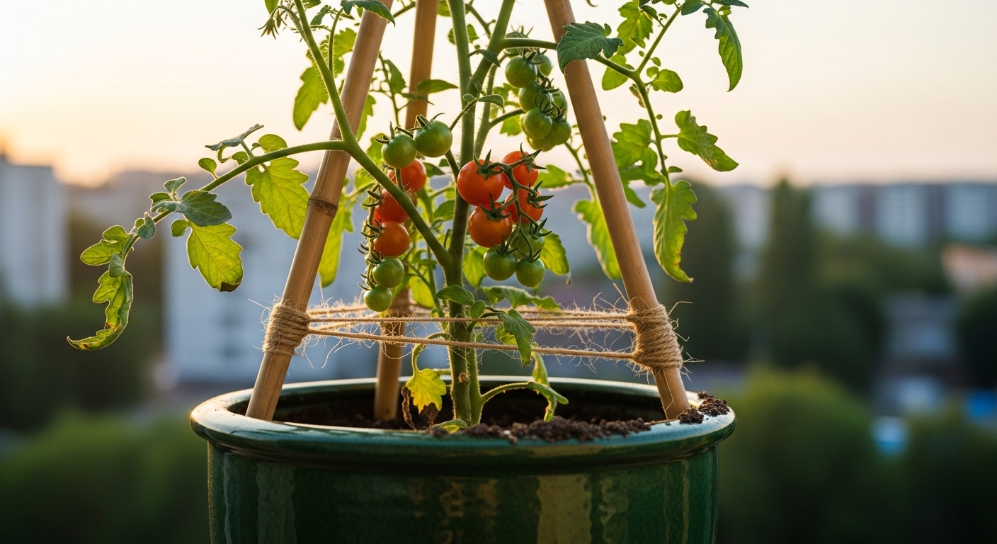 Compact tomato plant supported by bamboo tripod in a ceramic pot on a balcony