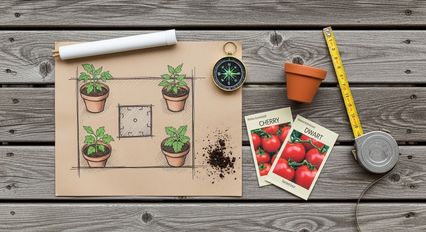 Overhead flat-lay of balcony garden planning materials and tomato seeds