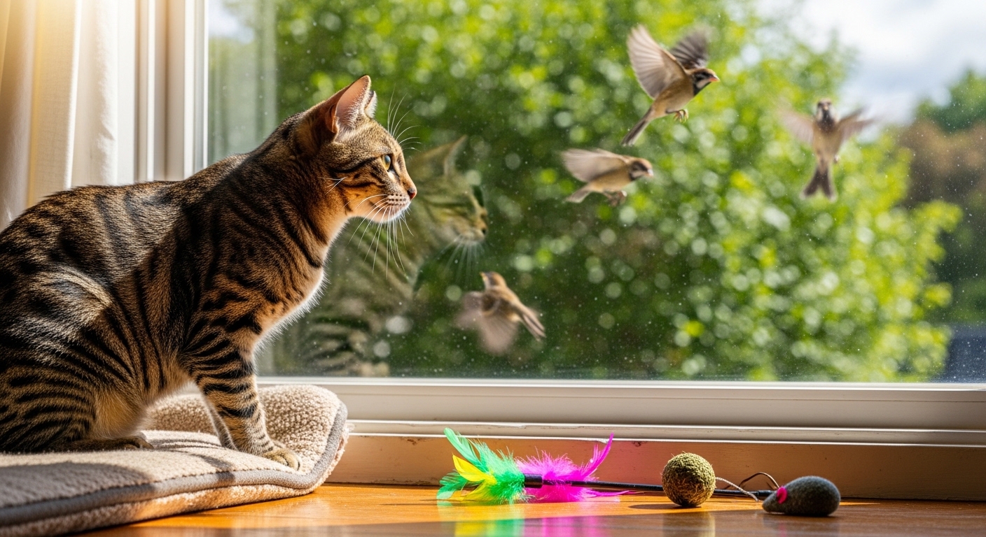 cat on window perch watching birds with toys nearby