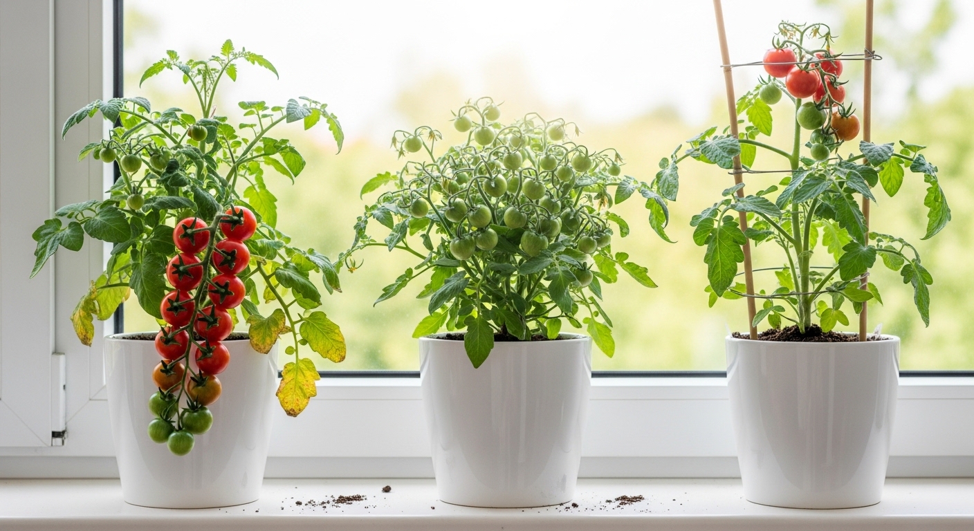 Three compact tomato varieties in white ceramic pots on a balcony ledge