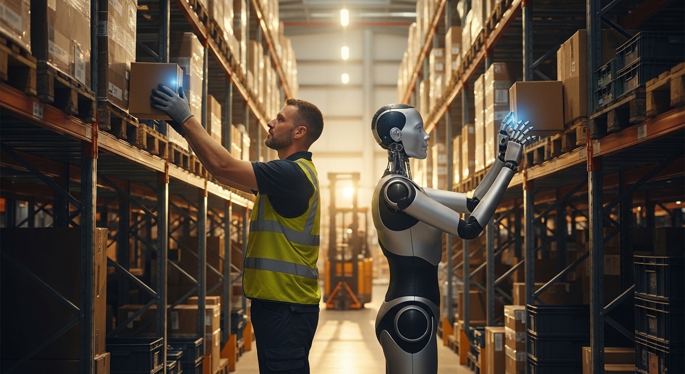 Human worker and humanoid robot in warehouse environment