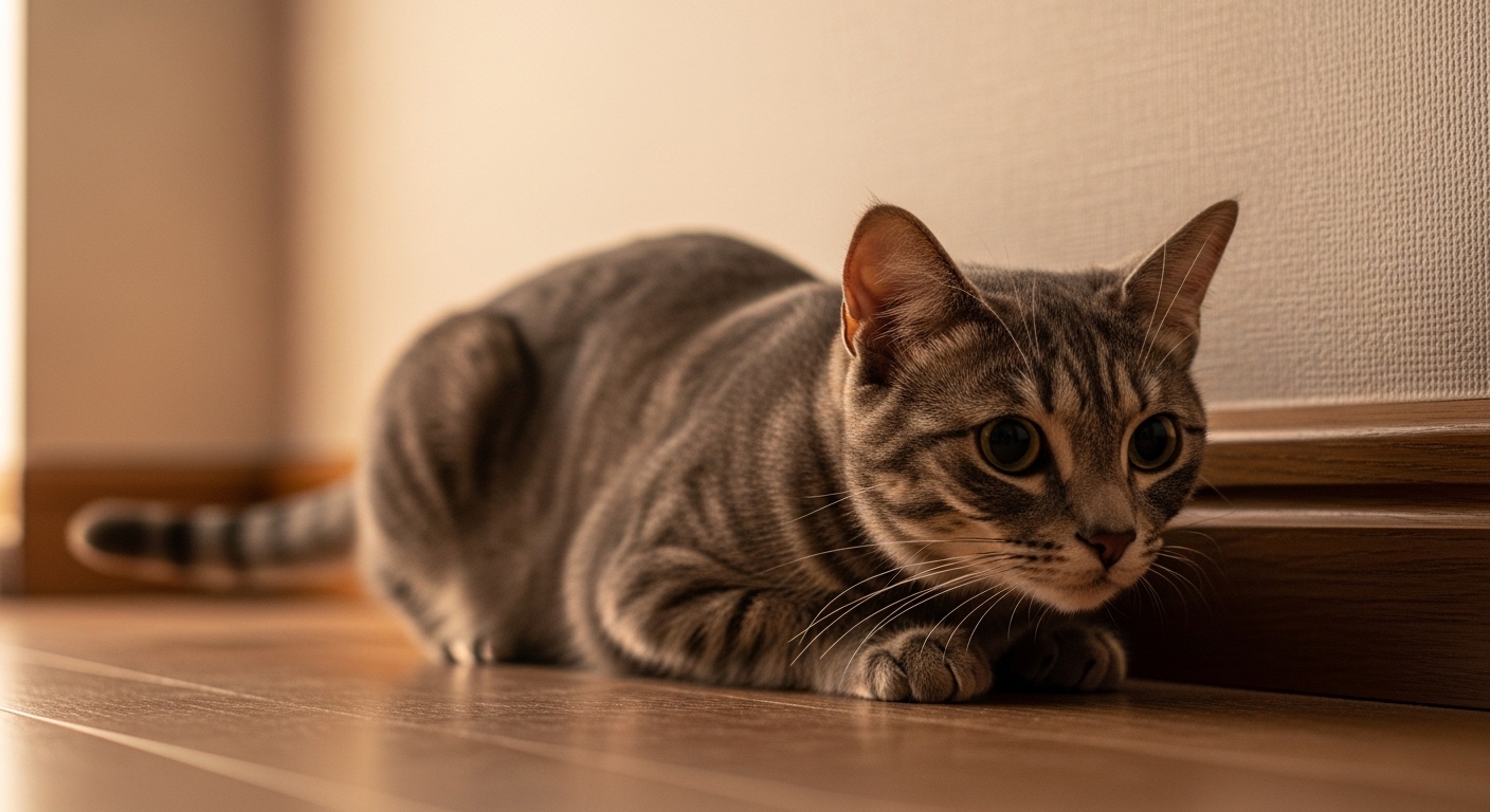 gray cat in hunting crouch near a baseboard